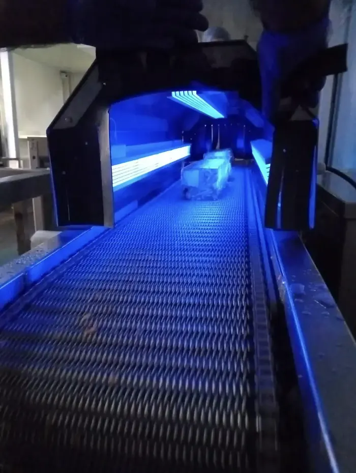 UV-C sanitizing tunnel over a deli meat line at Don Pascual, Chillan, Chile