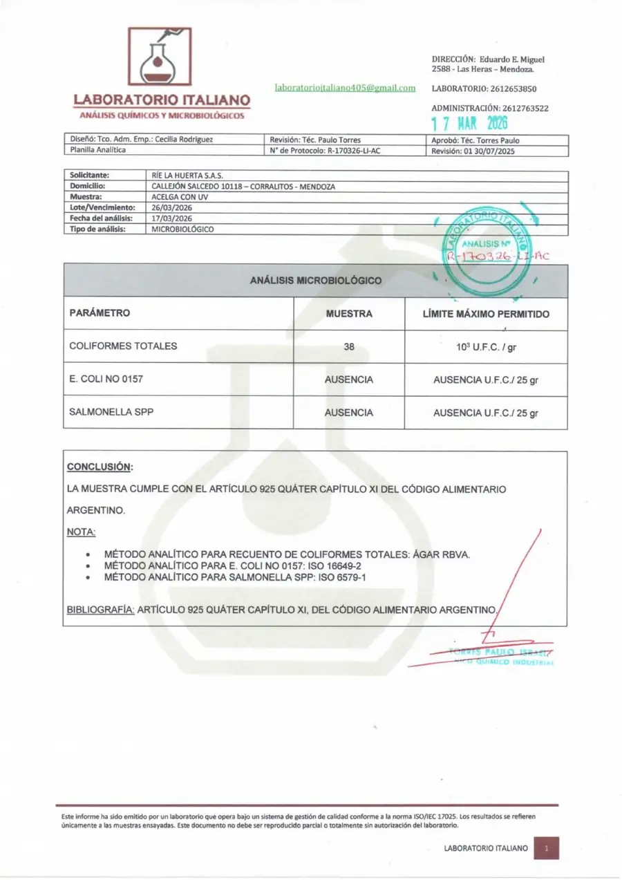Laboratory report of total coliforms in chard treated with UV-C light: 38 CFU/g, Rie La Huerta, Mendoza