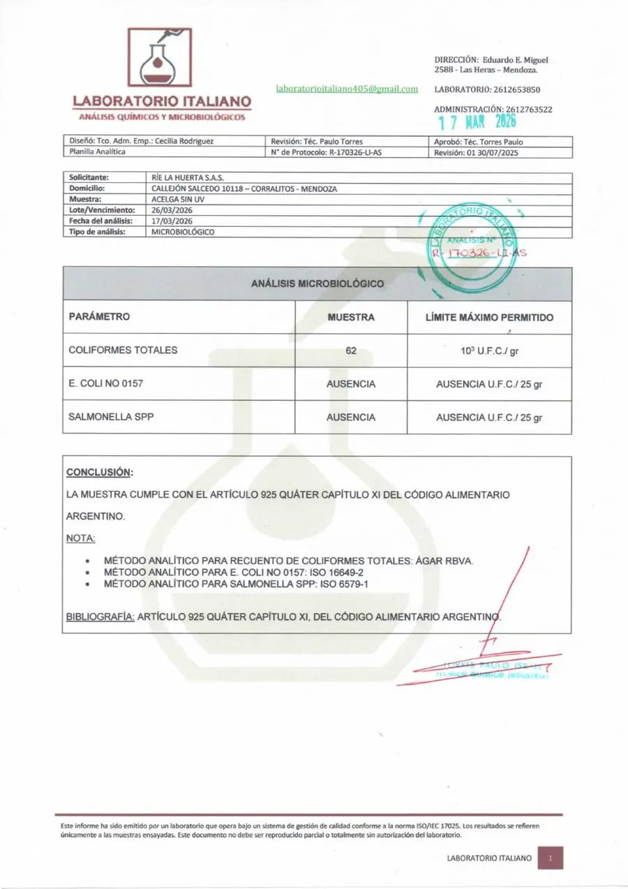 Laboratory report of total coliforms in untreated chard: 62 CFU/g, Rie La Huerta, Mendoza