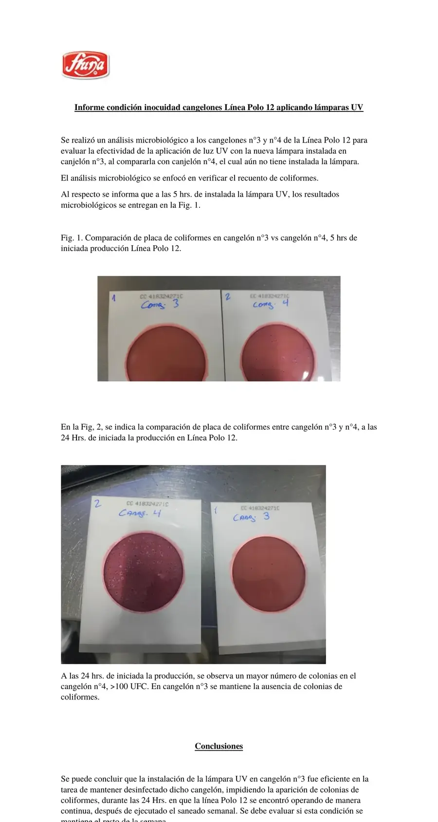 Coliform report on the ice cream vat of Fruna's line, comparing the equipment with and without a UV-C lamp