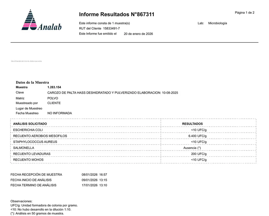 Analab Chile S.A. microbiology report for powdered avocado pit: molds, yeasts, E. coli, S. aureus and Salmonella