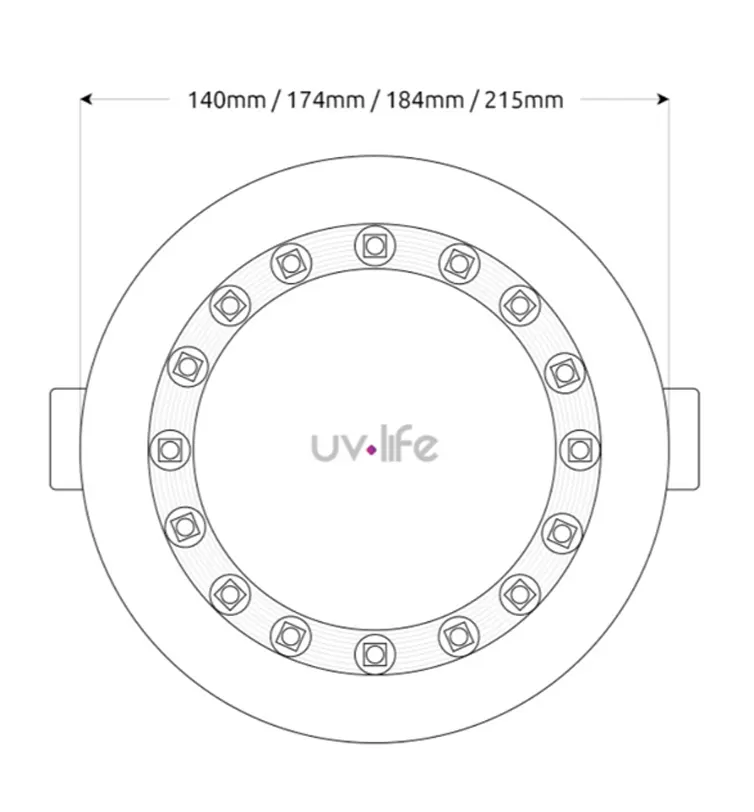 Technical drawing of the recessed UV-C LED downlight in 140, 174, 184 and 215 mm diameters