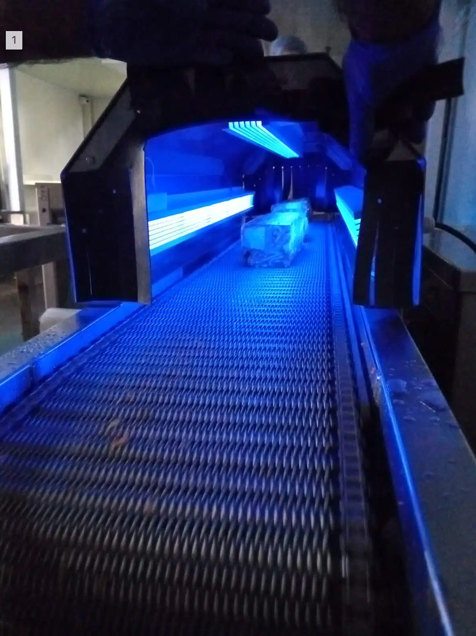 Túnel de sanitización UV-C sobre cinta transportadora de una fábrica de carnes frías