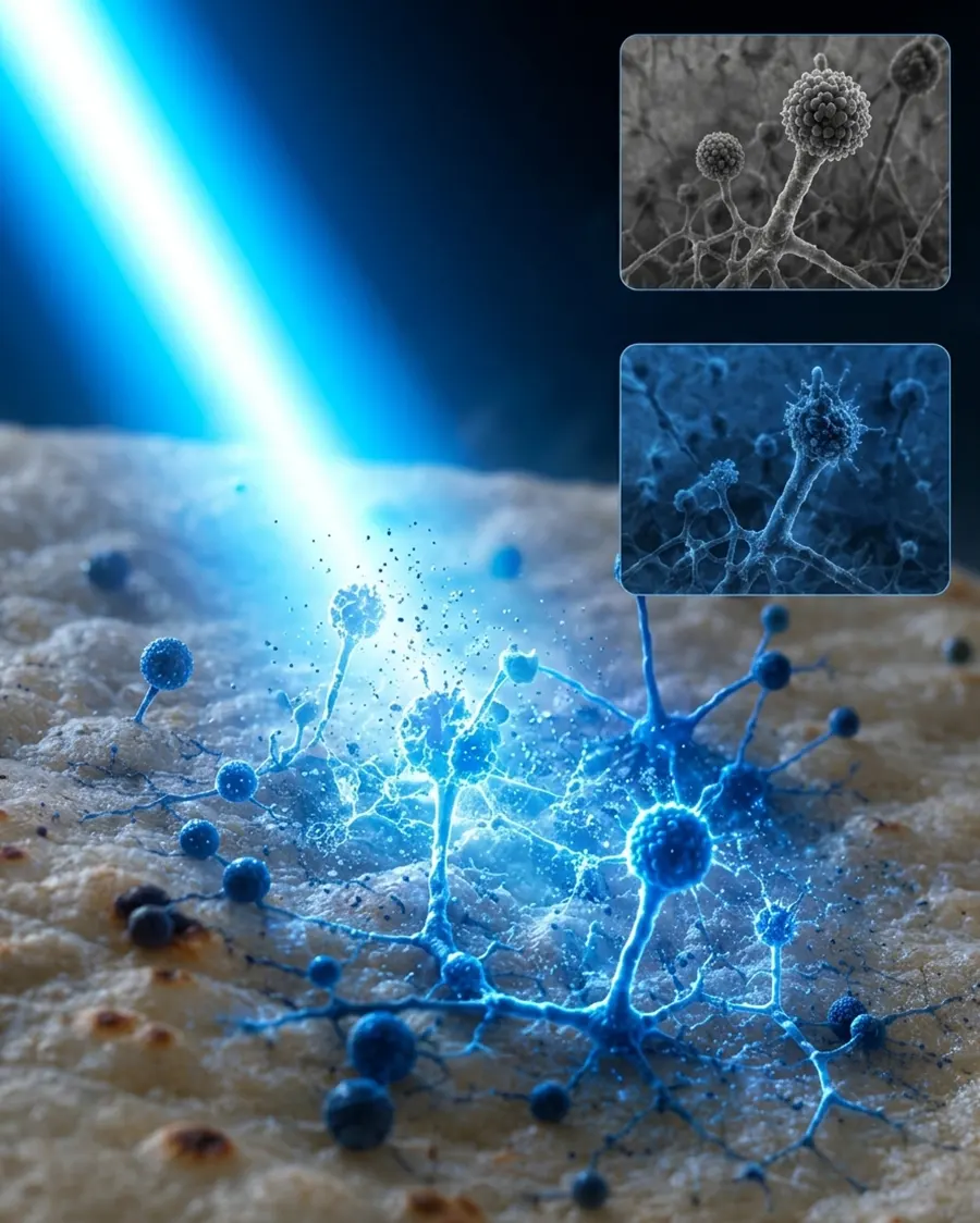 Representación conceptual de la acción de la luz UV-C sobre los hongos en una arepa.