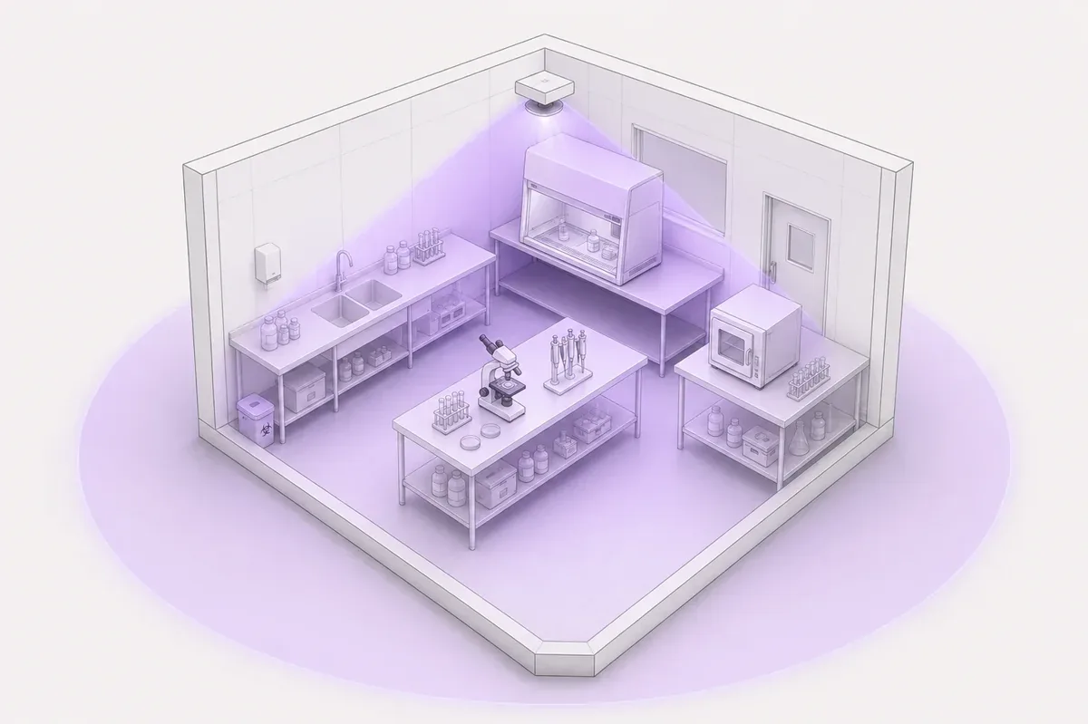 Isometric illustration of a laboratory with a ceiling-mounted germicidal UV-C lamp, biosafety cabinet, benches, microscope and plating area