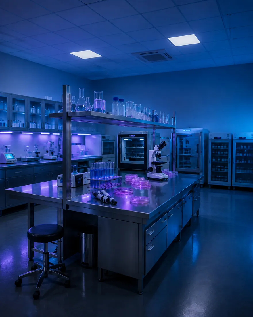 Microbiology lab lit by germicidal UV-C lamps during a nighttime disinfection cycle, with a steel bench, petri dishes, test tubes and a microscope