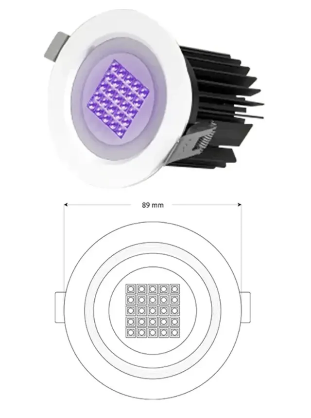 UV-Life X36 recessed UV-C light, 89 mm diameter, product view and technical drawing