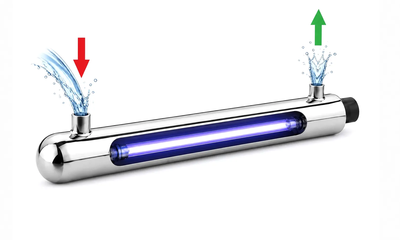 UV-Life UV-C water disinfection reactor with the germicidal lamp lit and inlet and outlet connections
