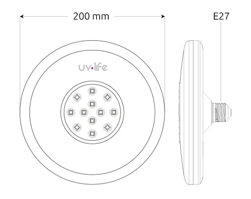 UFO 200 technical drawing: front view at Ø200 mm and side view with E27 base