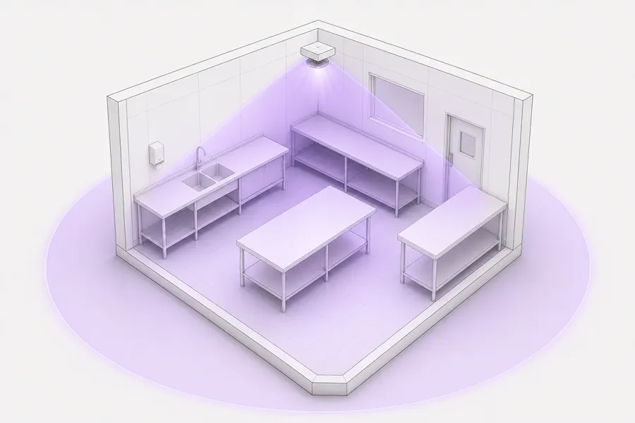 3D view of a ceiling-mounted UV-C unit disinfecting the air and surfaces of a room