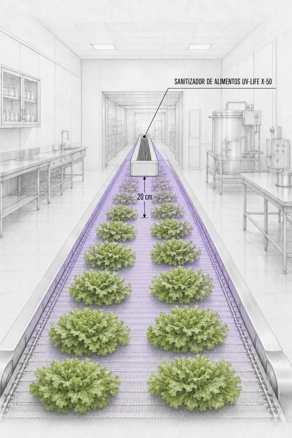 X-50 UV-C bar over a conveyor belt disinfecting lettuce from 20 cm (8 in) away in a processing room