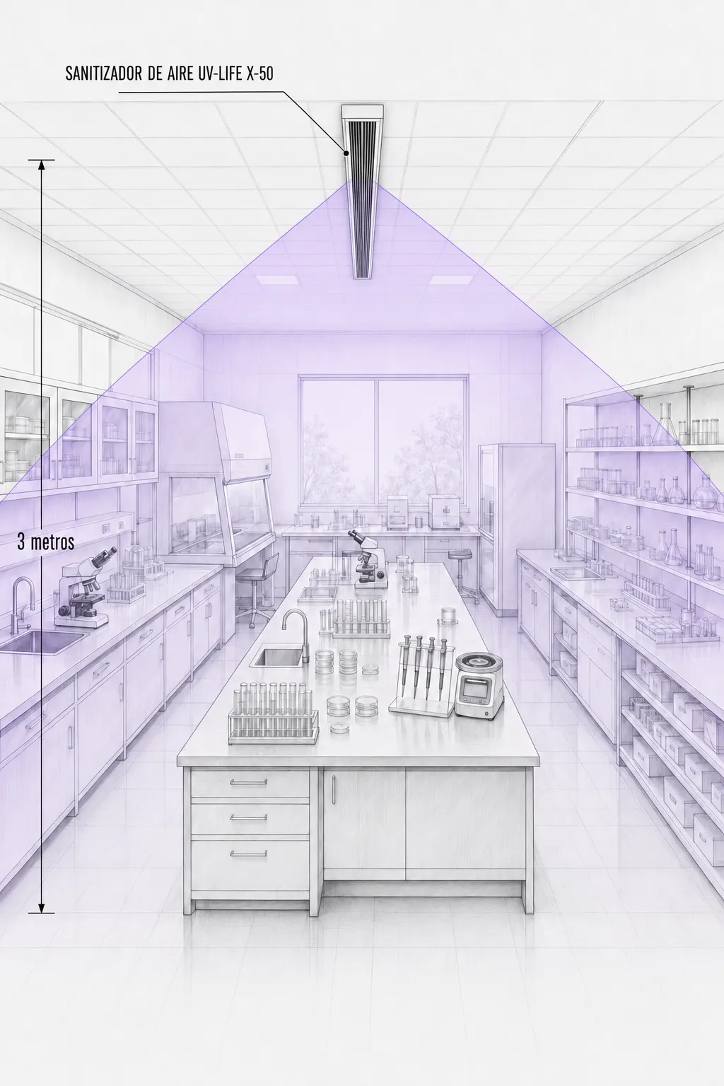 X-50 UV-C bar ceiling-mounted at 3 m (10 ft) in a laboratory, disinfecting the room air